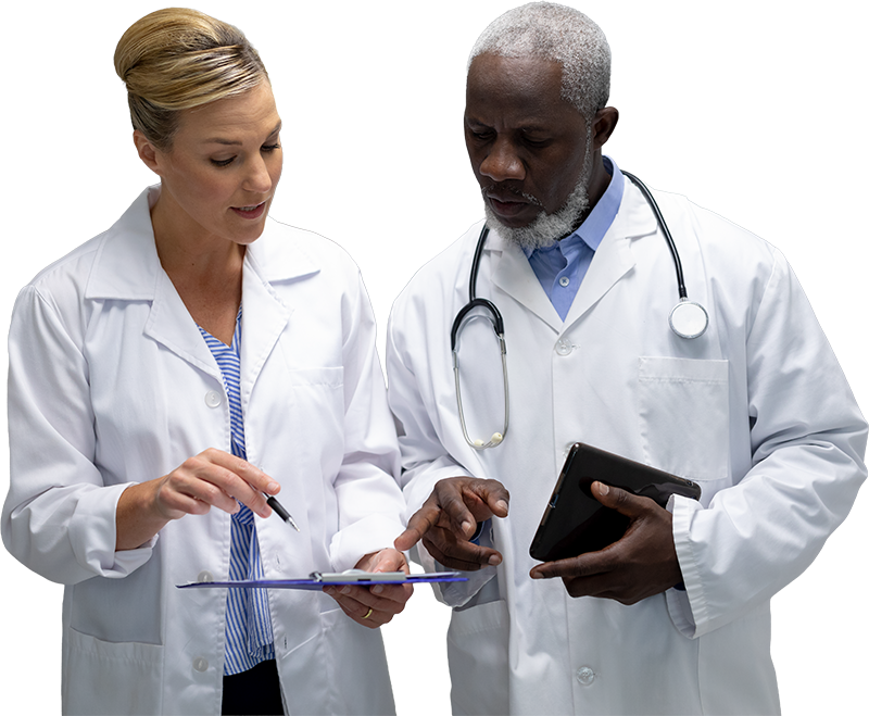 Doctors looking at a clipboard